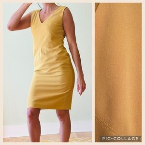 Jones Studio Mustard Gold V-Neck Sheath Midi Dress